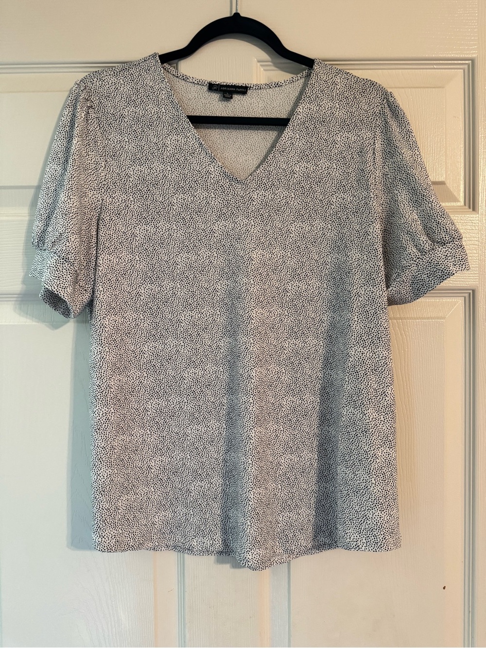 Adrianna Papell White and Black Micro Dot V-Neck Short Sleeve Top